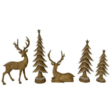 Set of deer and pine tree figurines in dark bronze-brown, assorted sizes