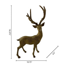Wood-look deer ornament with standing posture and antlers, dark brown