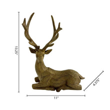 Wood-look deer ornament with raised antlers, reclining on all fours, dark brown
