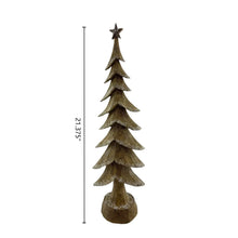 Star-topped pine tree figurine with layered branches and round base in dark brown