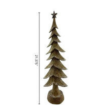 Wood-look pine tree ornament with star topper and round base, stacked tier branches