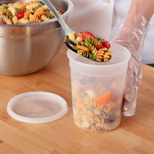 Translucent plastic deli containers with white lids, holding prepared food portions