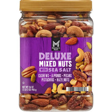 Mixed nuts with sea salt jar, clear glass with purple label and variety of nuts