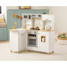 White wooden kids kitchen playset with oven, stove, sink, and cabinet doors