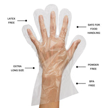 Clear disposable extra-long food glove features: latex-free, powder-free, BPA-free.
