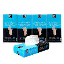 Disposable clear food glove boxes with a glove bundle, 500-count, latex-free.