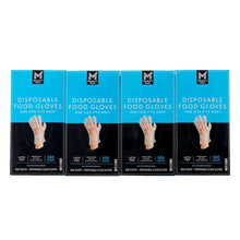 Box of disposable clear food gloves, 500-count, latex-free, one size fits most.