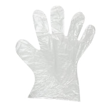 Clear disposable food glove, extra-long style, single glove close-up.