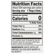 Nutrition Facts panel for distilled white vinegar with 0 calories and ingredients list