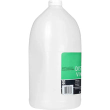 White distilled vinegar bottle, white plastic with barcode and green label