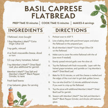 Basil caprese flatbread recipe card with ingredient and directions text