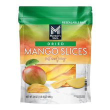 Dried mango slices resealable bag, 24 oz net weight, green and orange packaging