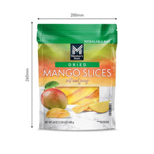Packaged dried mango slices, resealable bag size 200 mm x 26 mm