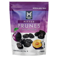 Pitted dried prunes in resealable bag, dark purple and black fruit pieces
