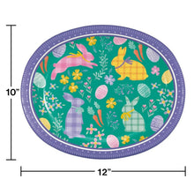 Oval paper plate with green Easter pattern, purple border, 10 x 12 in