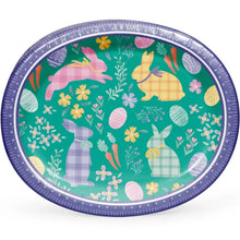 Oval paper plate with green Easter pattern and purple rim
