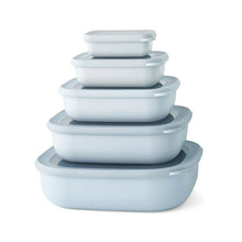 Blue rectangular food storage containers set with matching lids, stacked