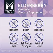 Elderberry gummies dietary supplement icons: no gluten, no soy, no gelatin, no artificial