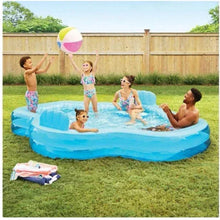 Inflatable family pool with blue sides and clear inner floor, low seating rings