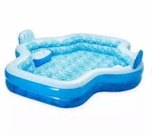 Inflatable family pool with curved sides, blue rim, and two raised seat pads