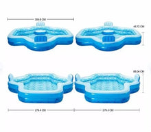 Inflatable family pool size diagram with four views and air valve top