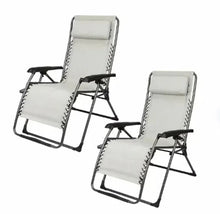 Set of two oversized anti-gravity recliner chairs with light cushions and black frames
