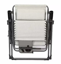 Oversized anti-gravity recliner chair, front view, light cushions on black frame