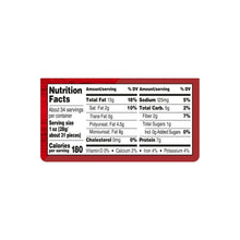 Nutrition facts label with serving size, calories, fat, sodium, sugars, and protein.