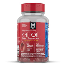 Krill oil dietary supplement bottle with red cap and Krill Oil label, 160 softgels