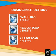Dosing instructions: small load 1 sheet, regular load 2 sheets, x-large 3 sheets.