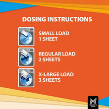 Dryer sheets dosing instructions for small, regular, and x-large loads (1 to 3 sheets).