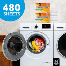 480 dryer sheets pack beside laundry in a front-load washer, fresh scent.