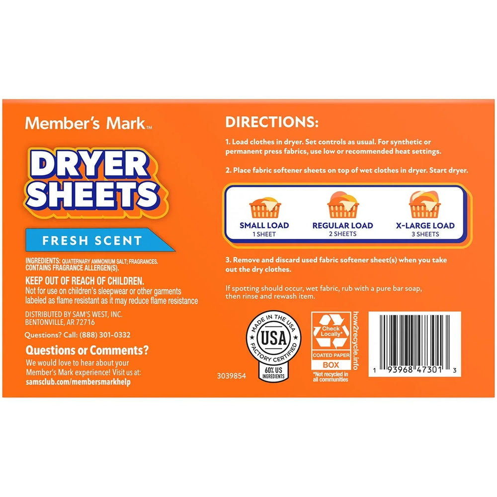 Member's Mark Fabric Softener Dryer Sheets, Fresh Scent, 480 ct. - USA MEGA SHOP