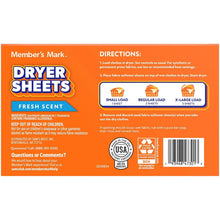 Dryer sheets box back with directions and load info, fresh scent, 480 sheets.