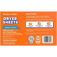 Fabric dryer sheets box back with directions, ingredients, and barcode, fresh scent.