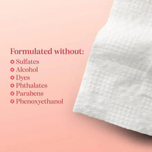 Facial cleansing wipe partially shown beside a panel listing formulation without additives