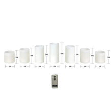 Seven white flameless LED wax candles with height guides; includes remote