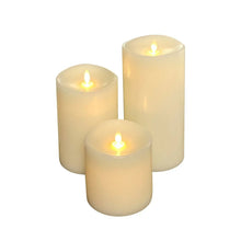 Set of 3 flameless LED wax candles with glowing flame effects, ivory pillar design