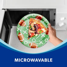 Microwavable football-pattern paper plate with green footballs and arrows design