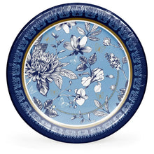 Blue paper plate with white French floral pattern and decorative border