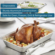Rectangular aluminum steam table pan filled with roasted chicken and mixed vegetables