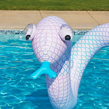 Inflatable snake float head with black eyes, blue tongue and blue fins