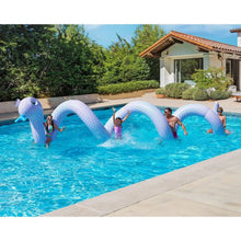 Giant inflatable snake float with blue scales, arched body for pool play