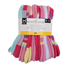 Girls 10-pack no-show socks in assorted pink, white, rainbow, and unicorn patterns