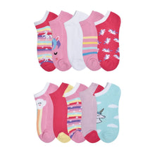 10-pack girls no-show socks with pink, white, rainbow stripes, and unicorn designs