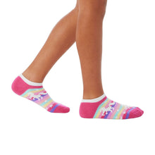 Girls no-show socks in pink and rainbow print, worn at the ankle