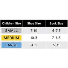 Children sock size chart with small, medium, large and corresponding shoe and sock sizes