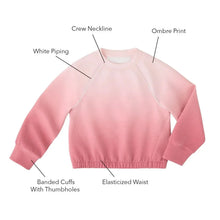 Girls sandwash pullover, pink with white piping, ombre print, crewneck and elastic waist
