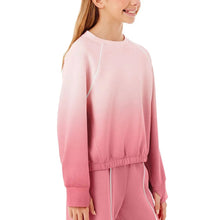 Girls sandwash pullover, pink crewneck with white piping and banded cuffs