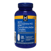 Glucosamine HCl and chondroitin/MSM complex supplement bottle with blue cap, 220 tablets
